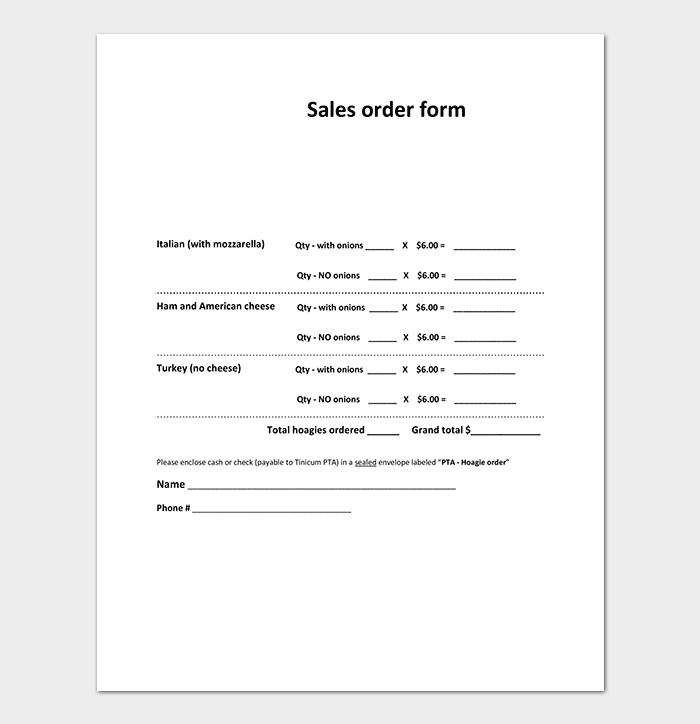 Template for Food Sales order form