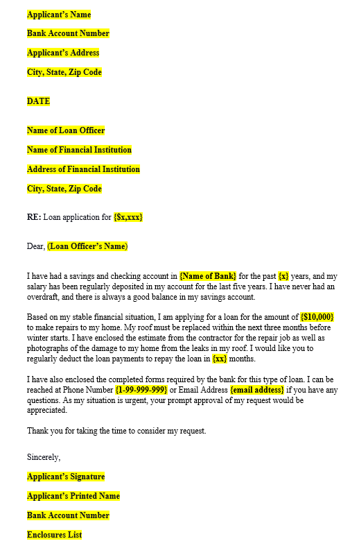 a sample of loan application letter