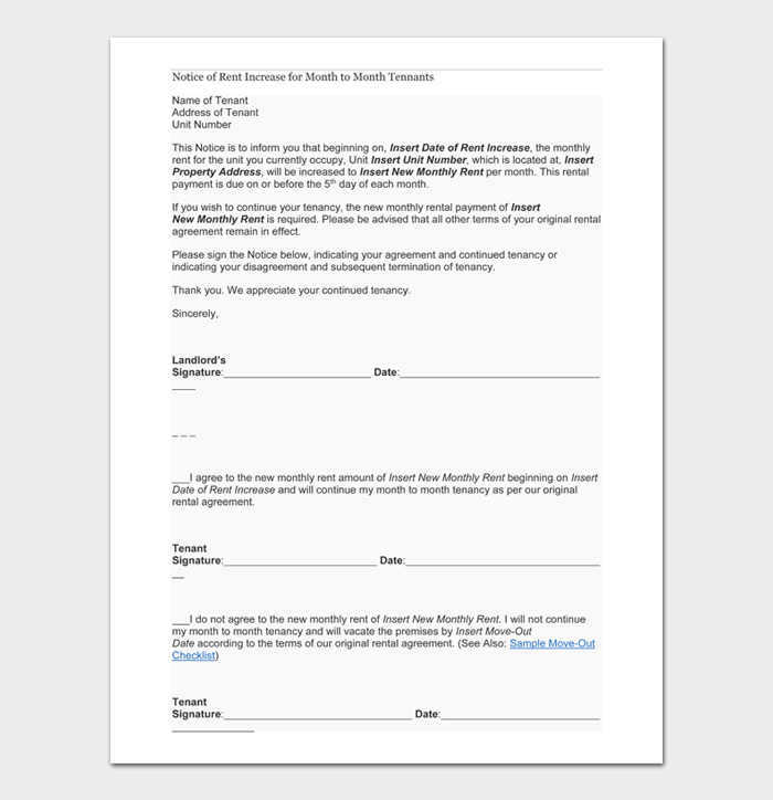 Notice of Rent Increase for Month to Month Tenants