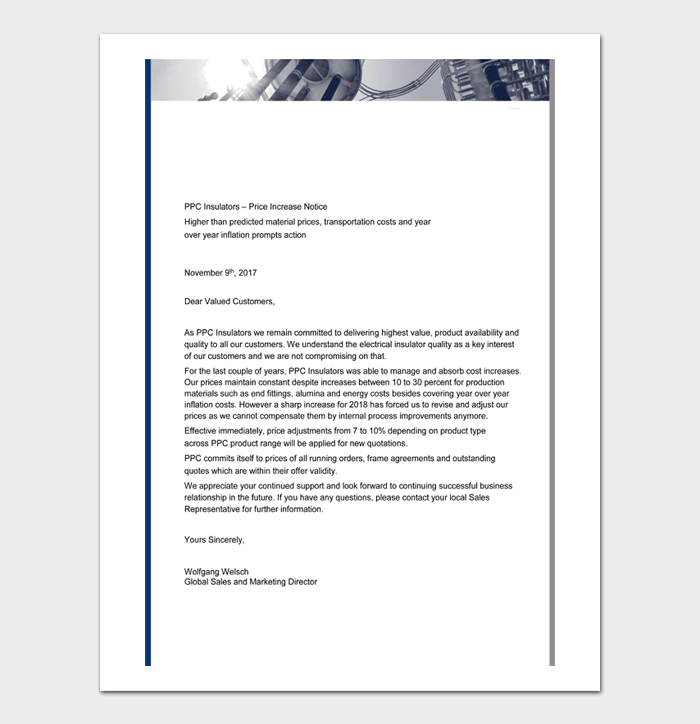 sample letter to inform customers of price increase sample letter to inform customers of price increase