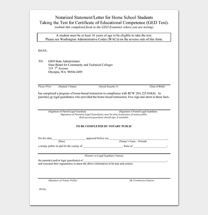 Notarized Statement Letter for Home School Students