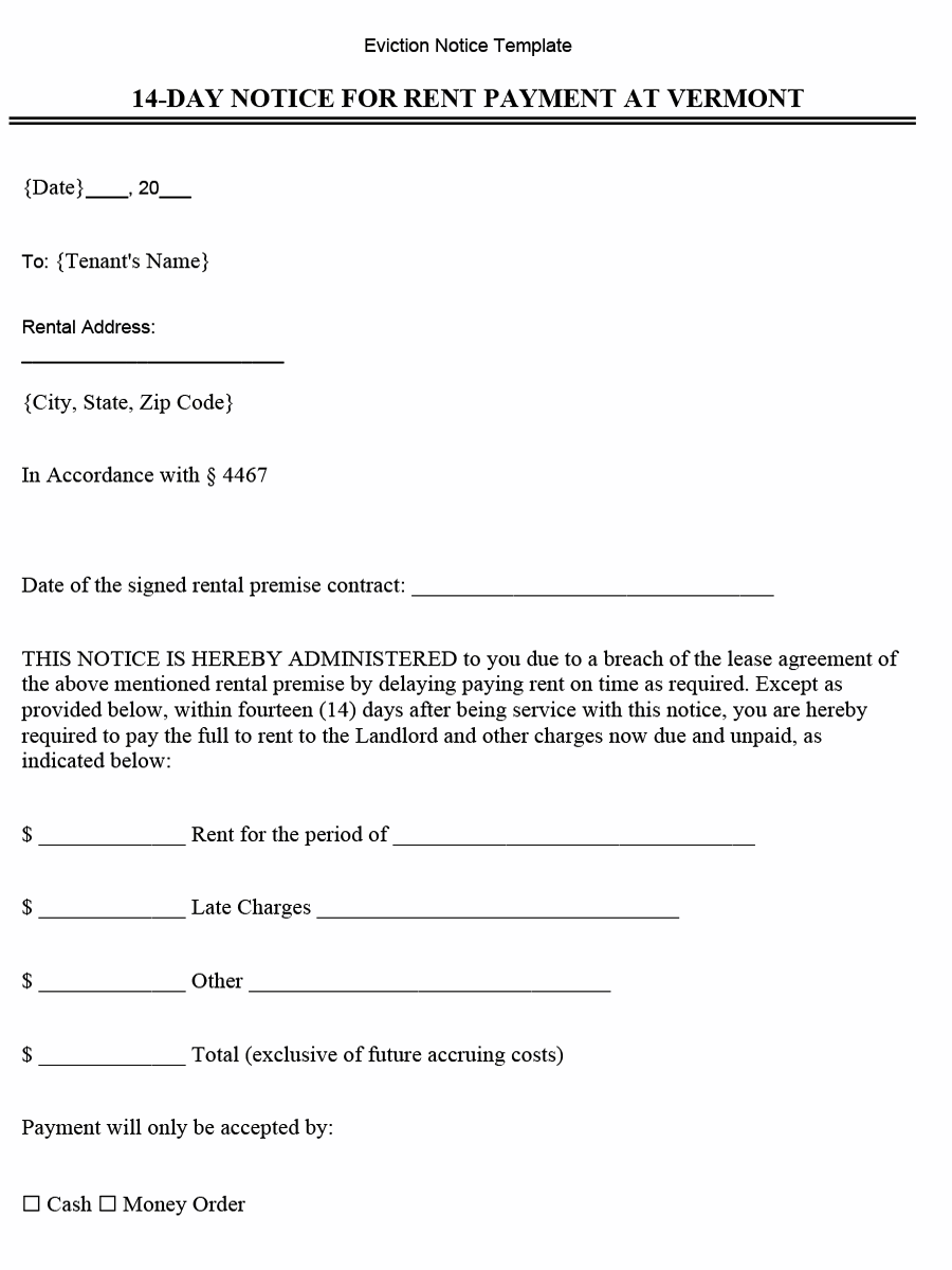 Free Vermont Eviction Notice Forms Notice to Quit Laws and Process
