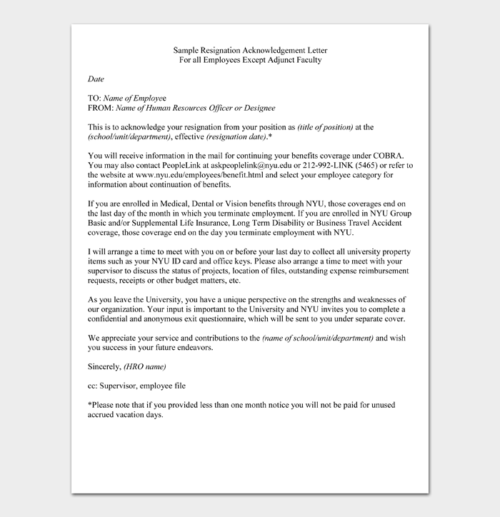 Sample Resignation Acknowledgement Letter