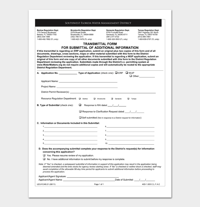 FOR SUBMITTAL OF ADDITIONAL INFORMATION