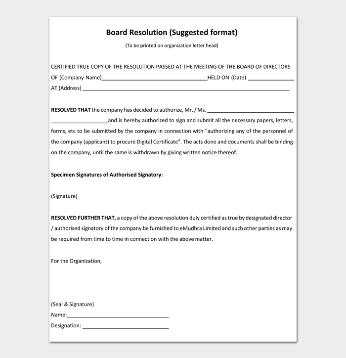 Board Resolution (Suggested format)