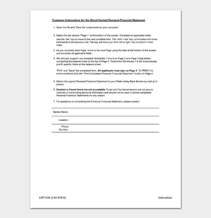 Customer Instructions for the (Excel format) Personal Financial Statement
