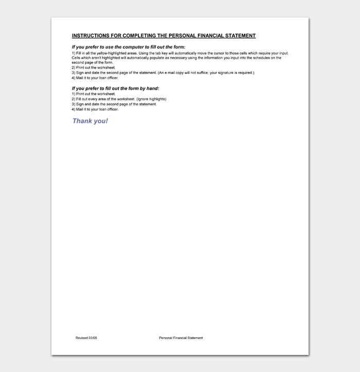 INSTRUCTIONS FOR COMPLETING THE PERSONAL FINANCIAL STATEMENT