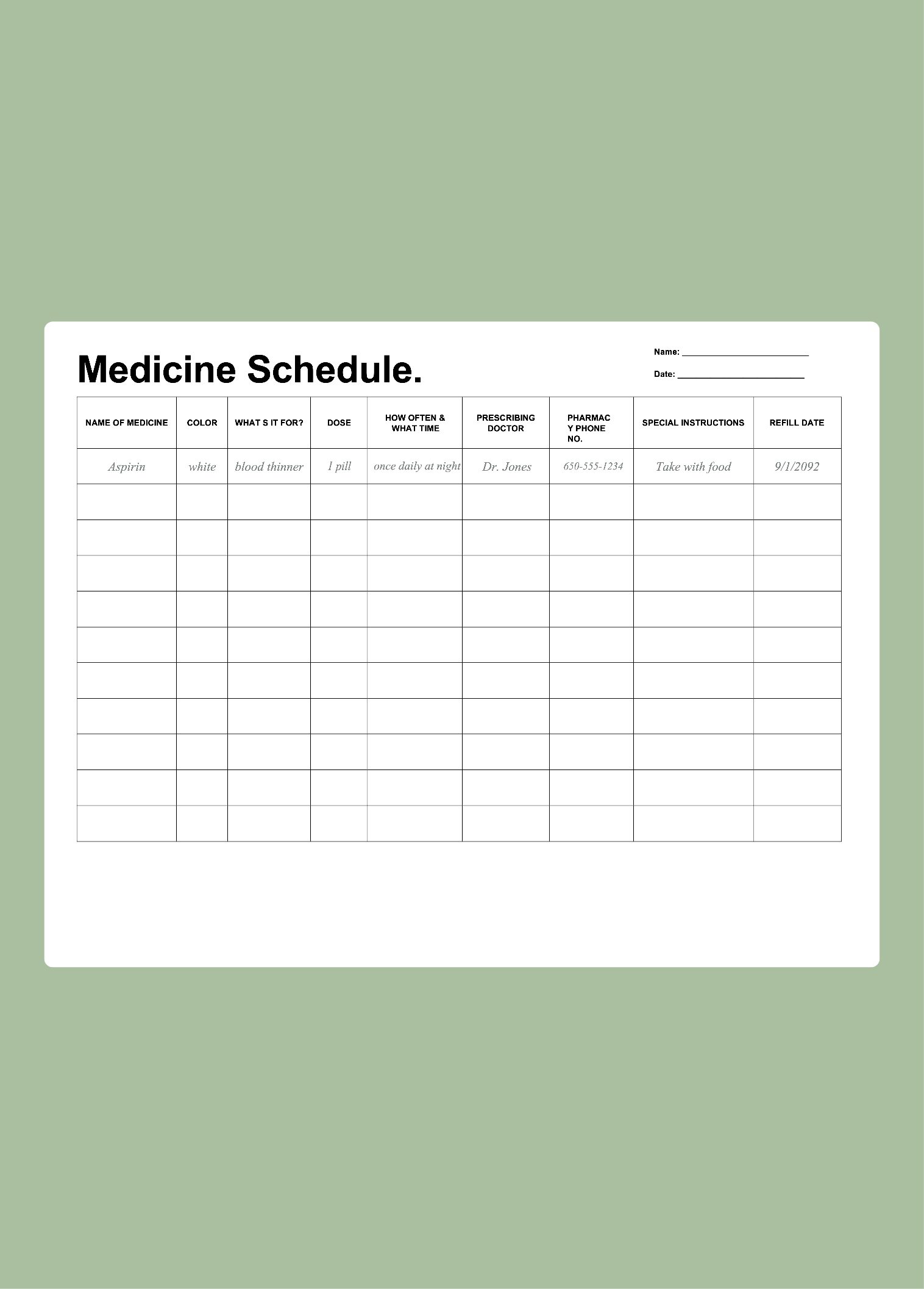 Medicine Schedule Chart Template