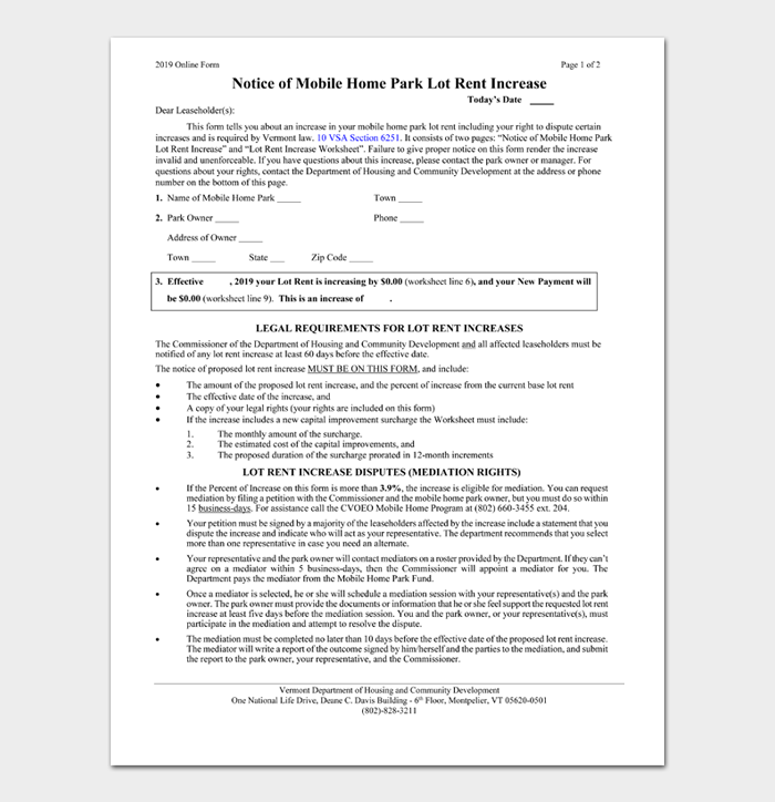 Notice of Mobile Home Park Lot Rent Increase