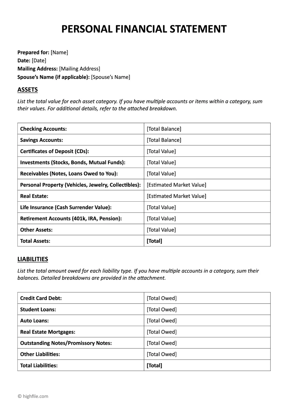 Personal Financial Statement Template