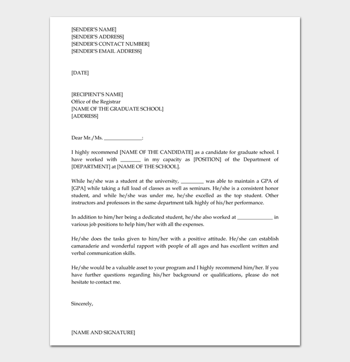 Recommendation Letter for Graduate School From Employer Revision #05