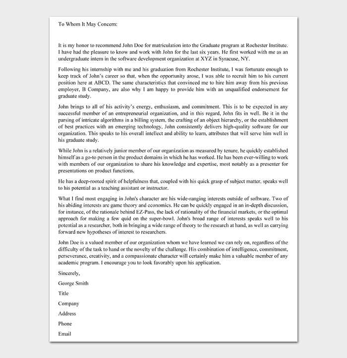 Recommendation Letter for Graduate School From Employer Revision #09