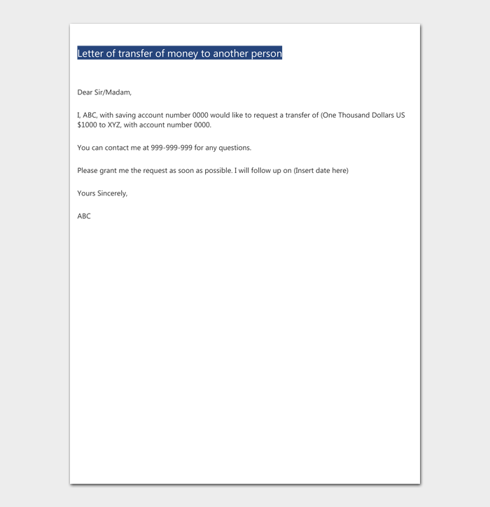 Fund Transfer Request Letter Format & Sample Letters