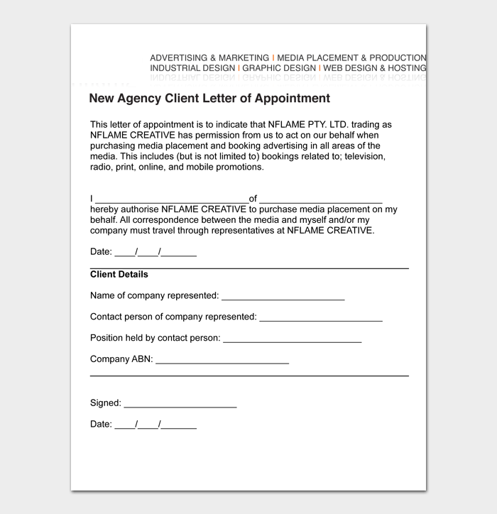 New Agency Client Letter of Appointment
