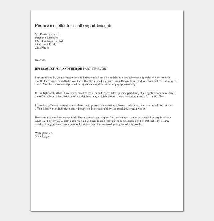 Permission letter for another