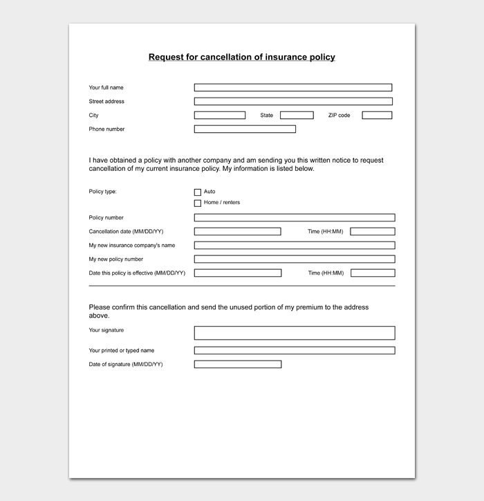 Request for cancellation of insurance policy