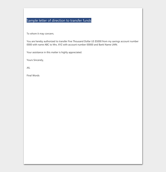 Fund Transfer Request Letter Format & Sample Letters