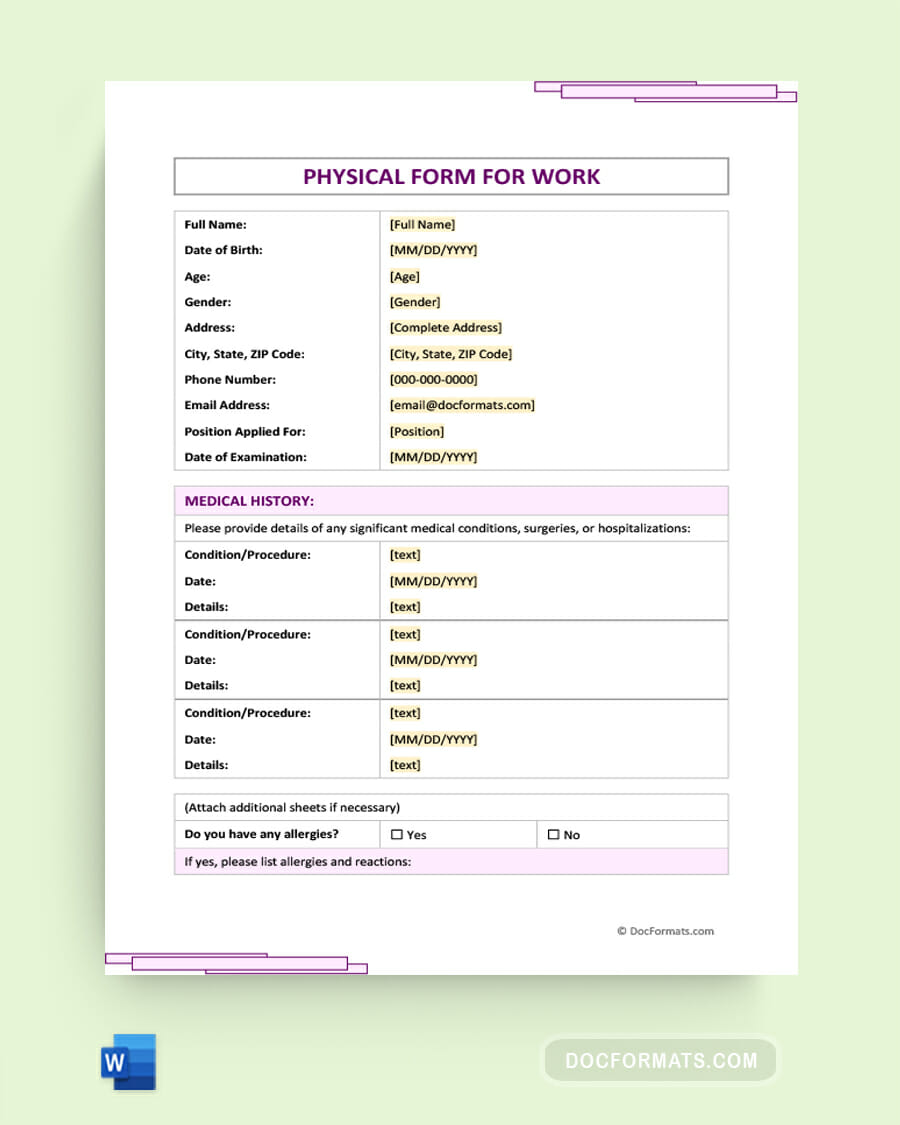 Physical Form for Work - Word