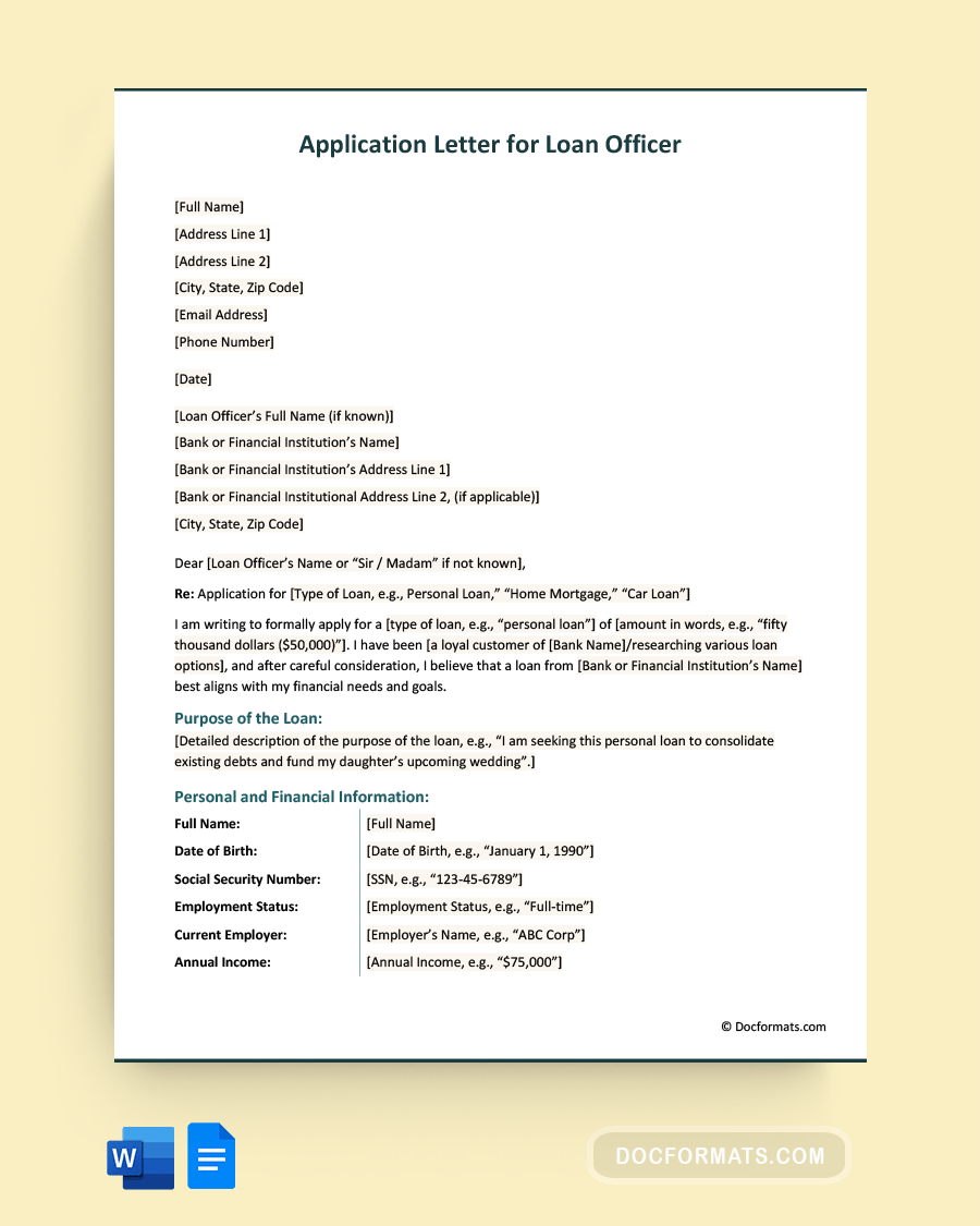 Application Letter for Loan Officer - Word, Google Docs