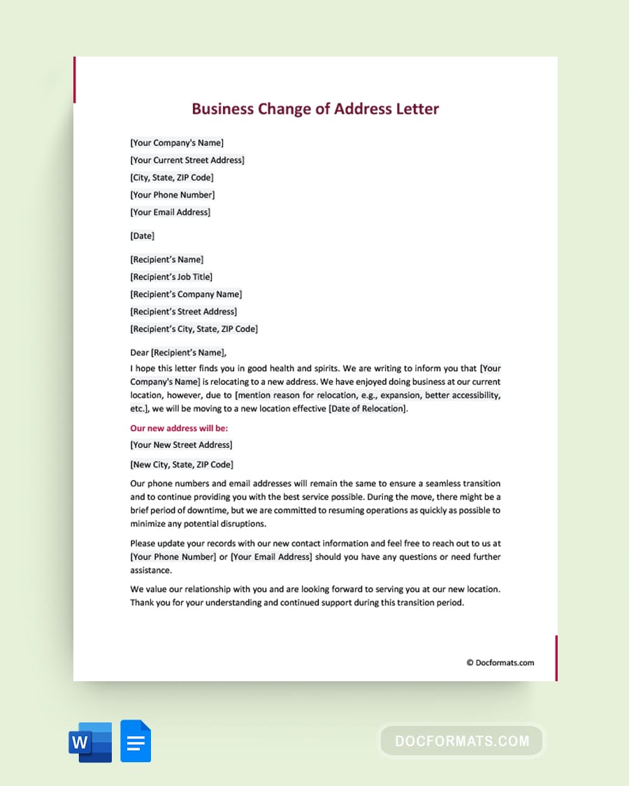 Business Change of Address Letter - Word, Google Docs