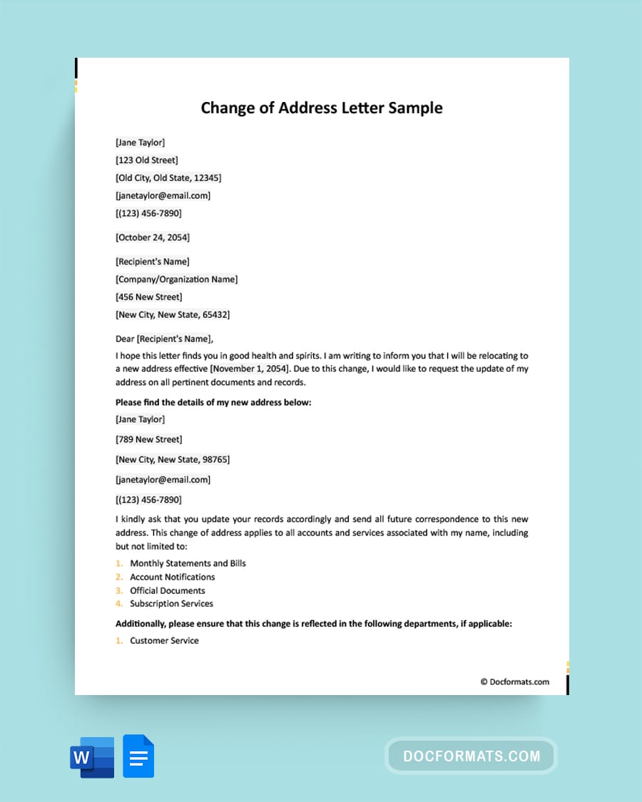 Change of Address Letter Sample - Word, Google Docs