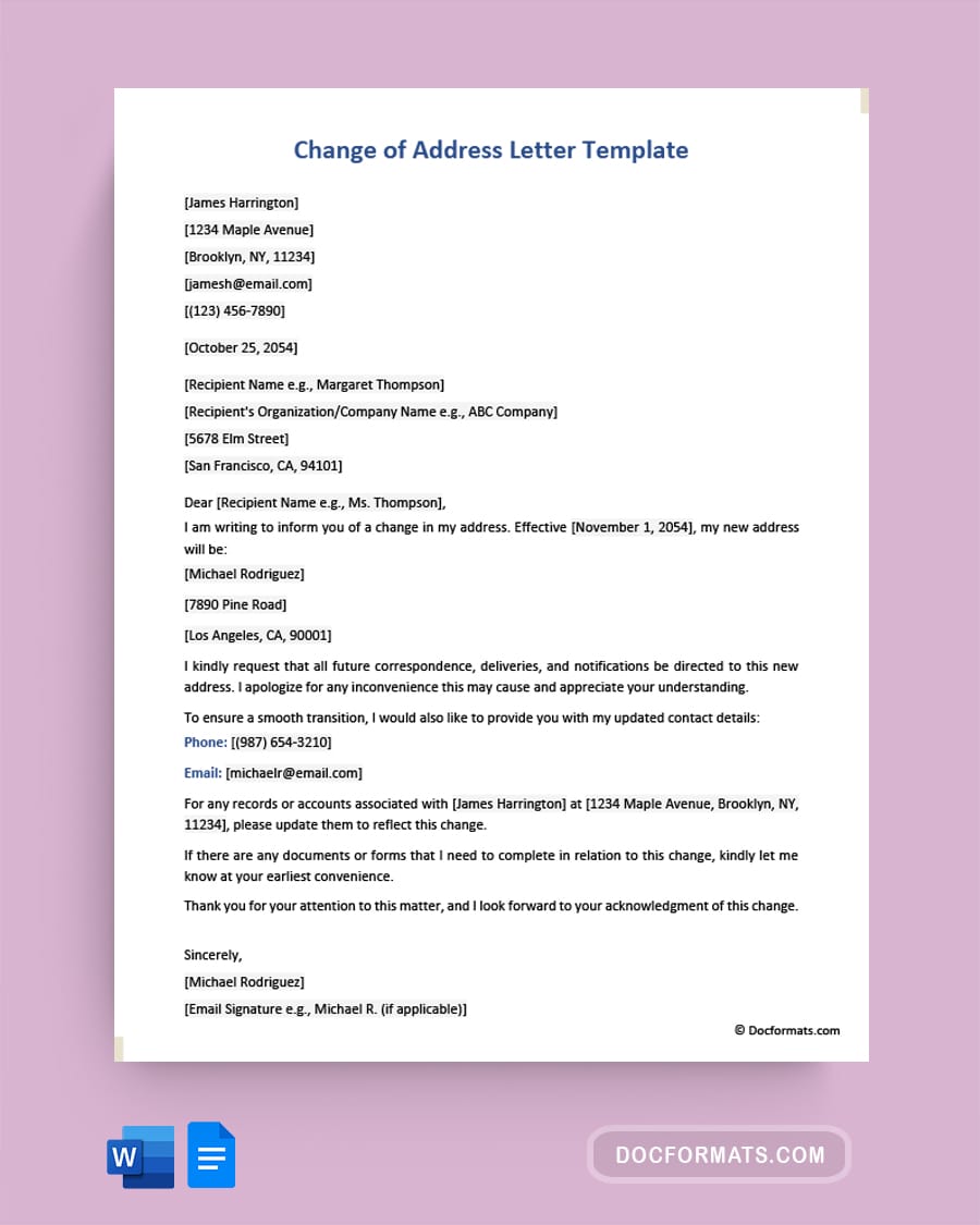 Change of Address Letter Template - Word, Google Docs