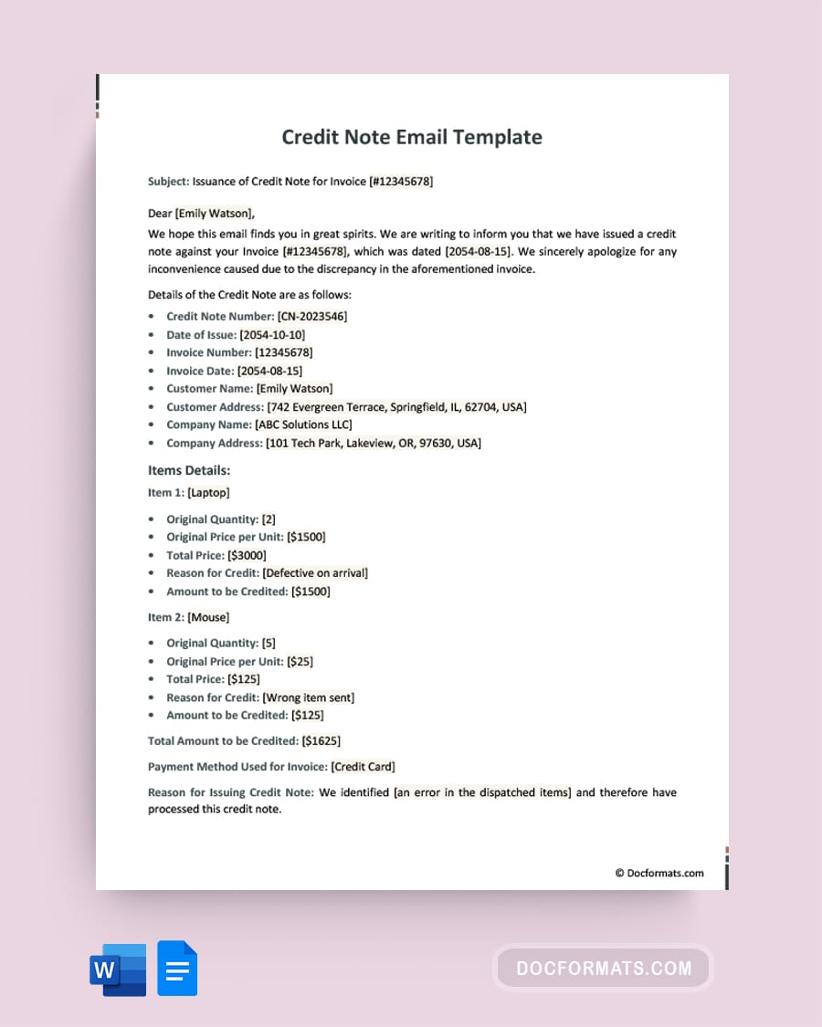 Credit Note Email Template - Word, Google Docs