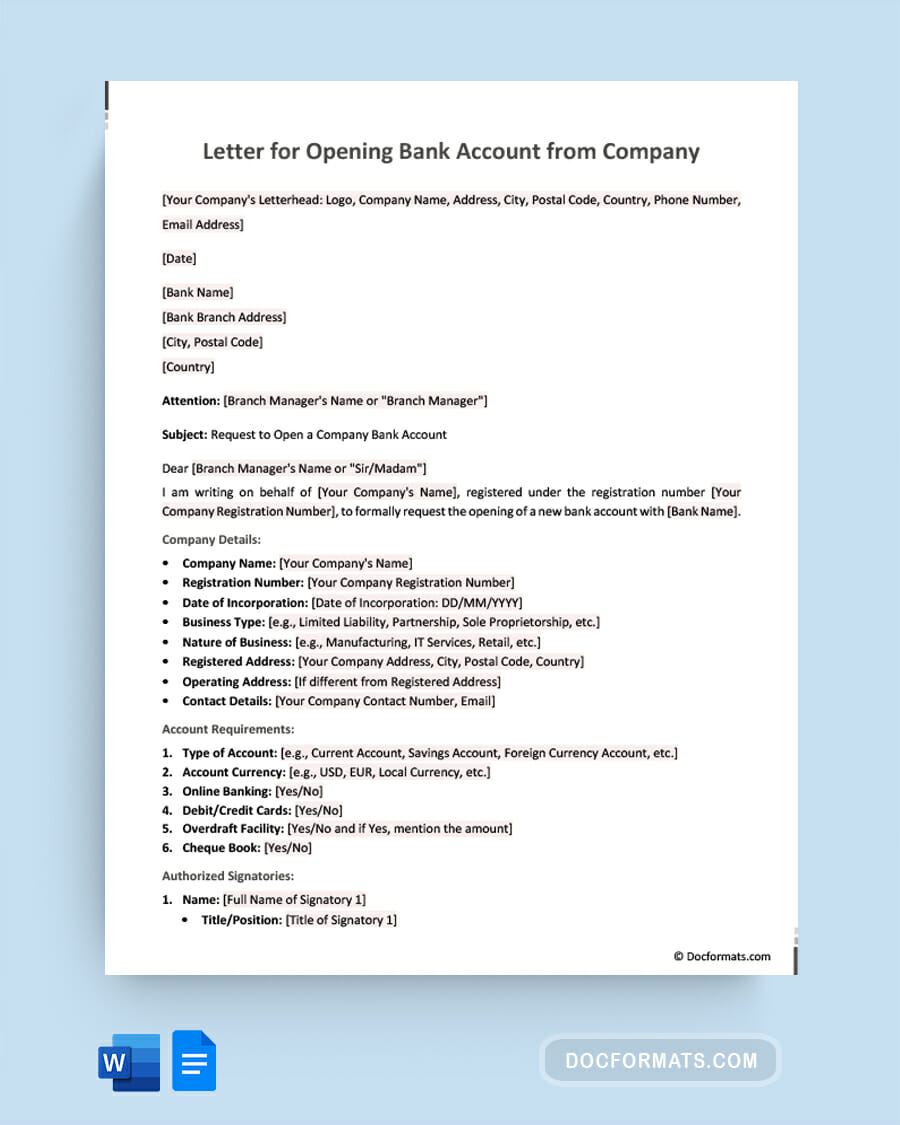 Letter for Opening Bank Account from Company - Word, Google Docs