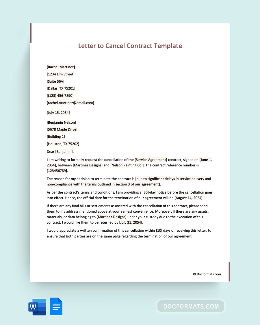 Letter to Cancel Contract Template - Word, Google Docs