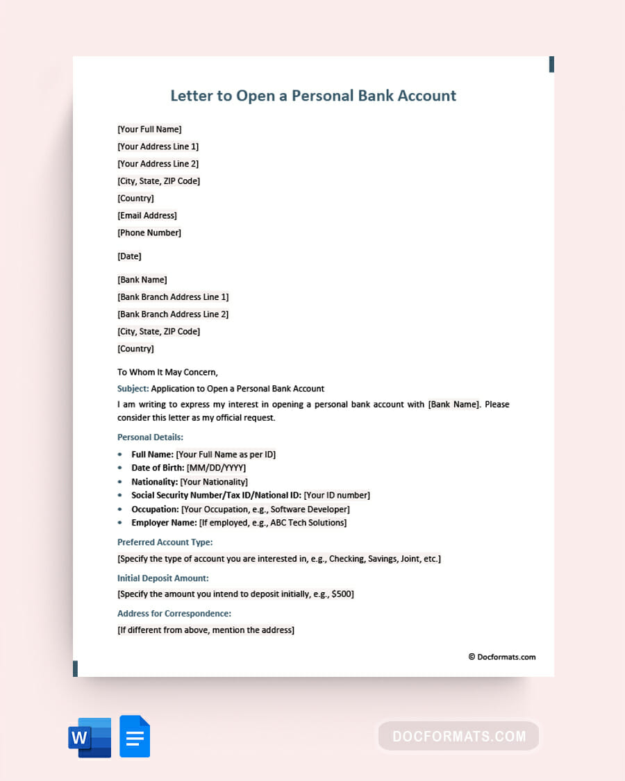 Letter to Open a Personal Bank Account - Word, Google Docs