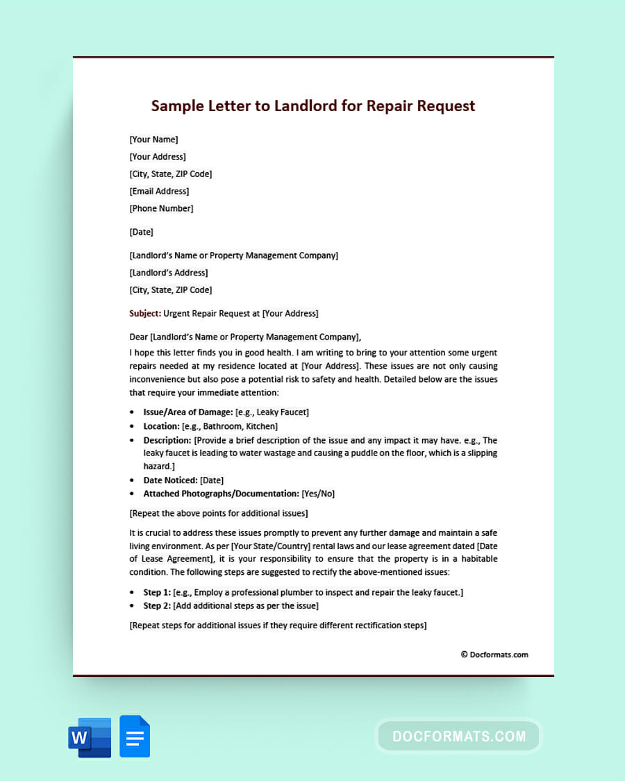 Sample Letter to Landlord for Repair Request - Word, Google Docs