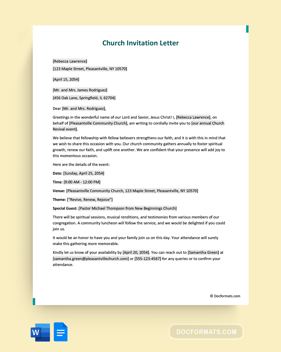 Church Invitation Letter - Word, Google Docs