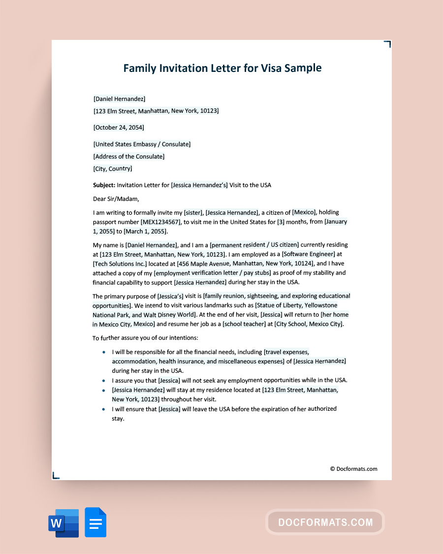 Family Invitation Letter for Visa Sample - Word, Google Docs