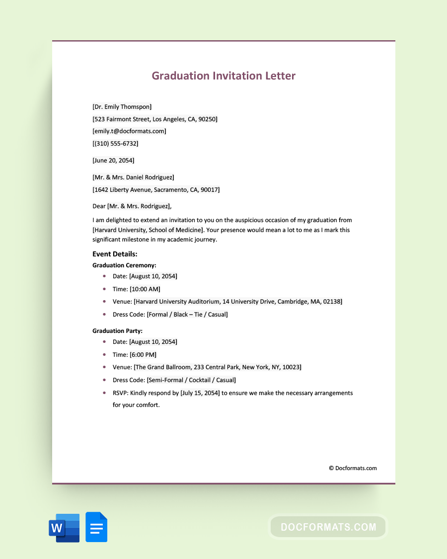 Graduation Invitation Letter - Word, Google Docs