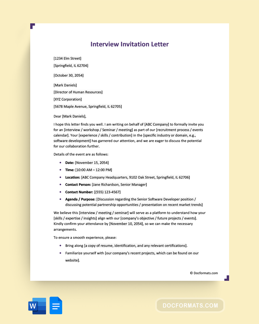 Interview Invitation Letter - Word, Google Docs