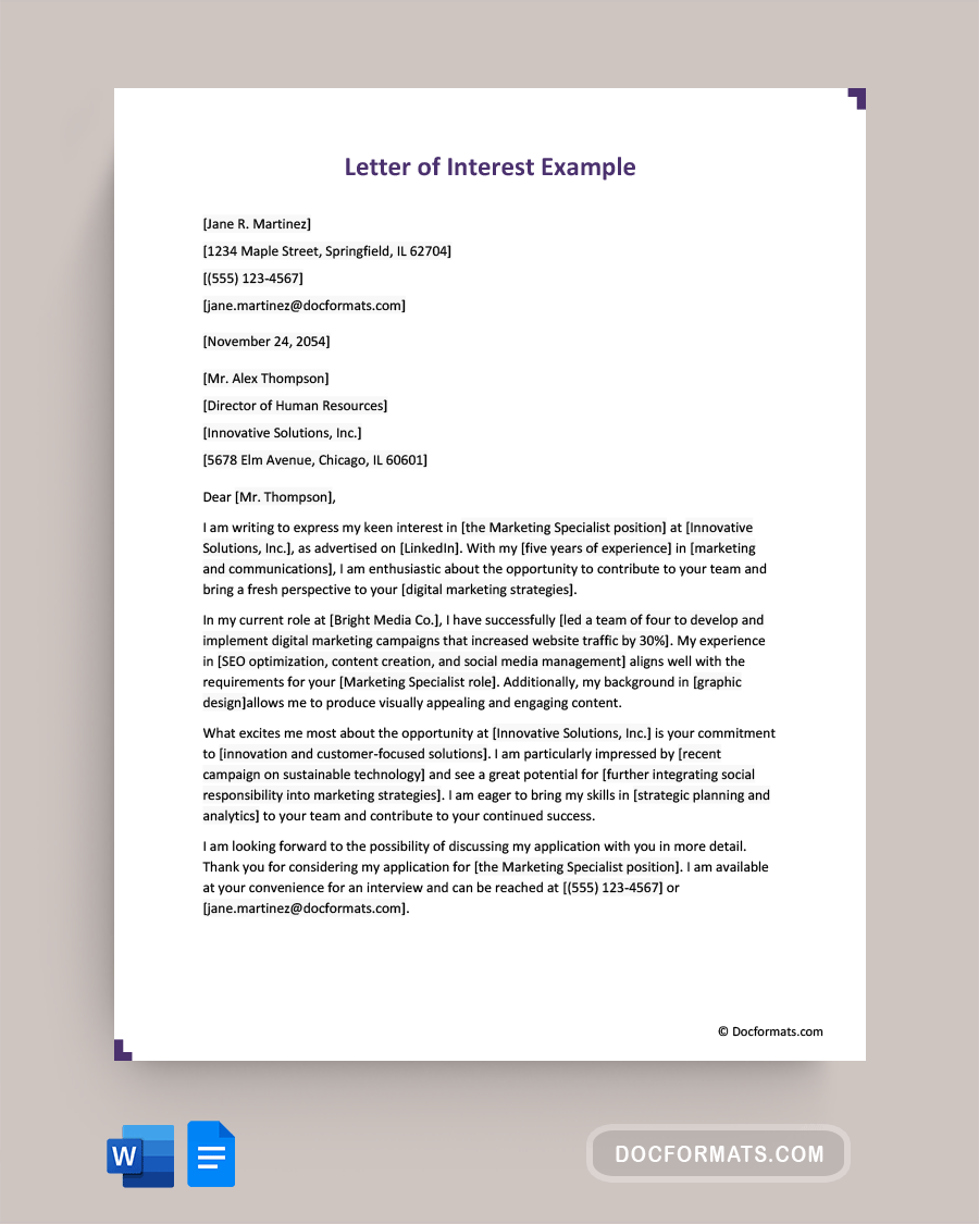 Letter of Interest Example - Word, Google Docs