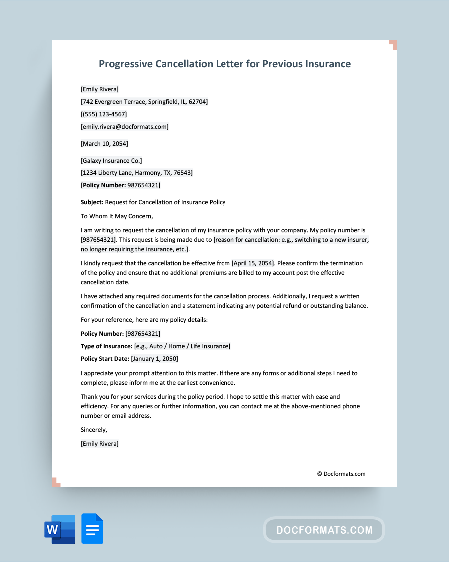 Progressive Cancellation Letter for Previous Insurance - WOrd, Google Docs