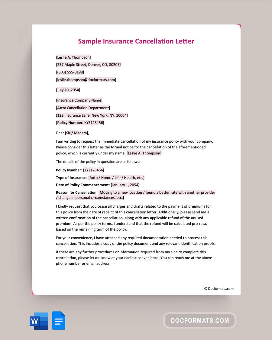 Sample Insurance Cancellation Letter - Word, Google Docs