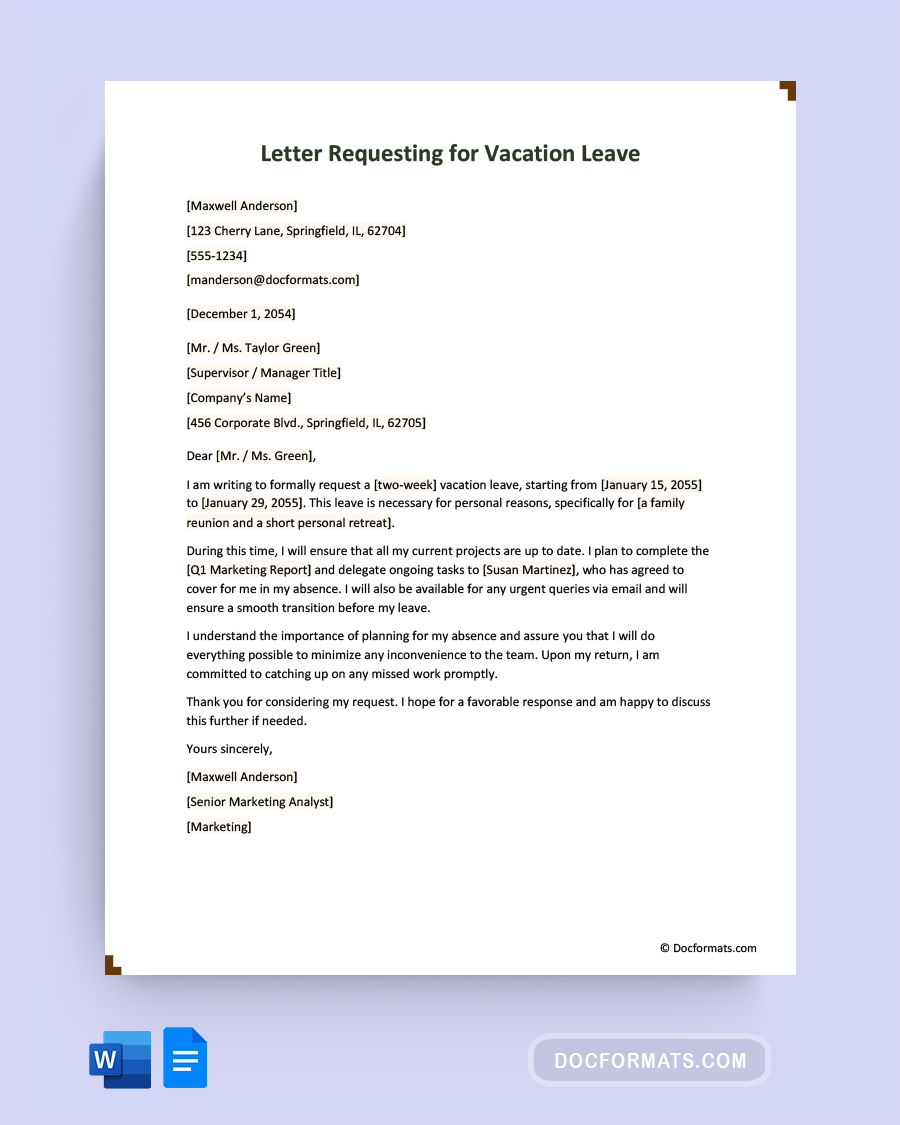 Letter Requesting for Vacation Leave - Word, Google Docs