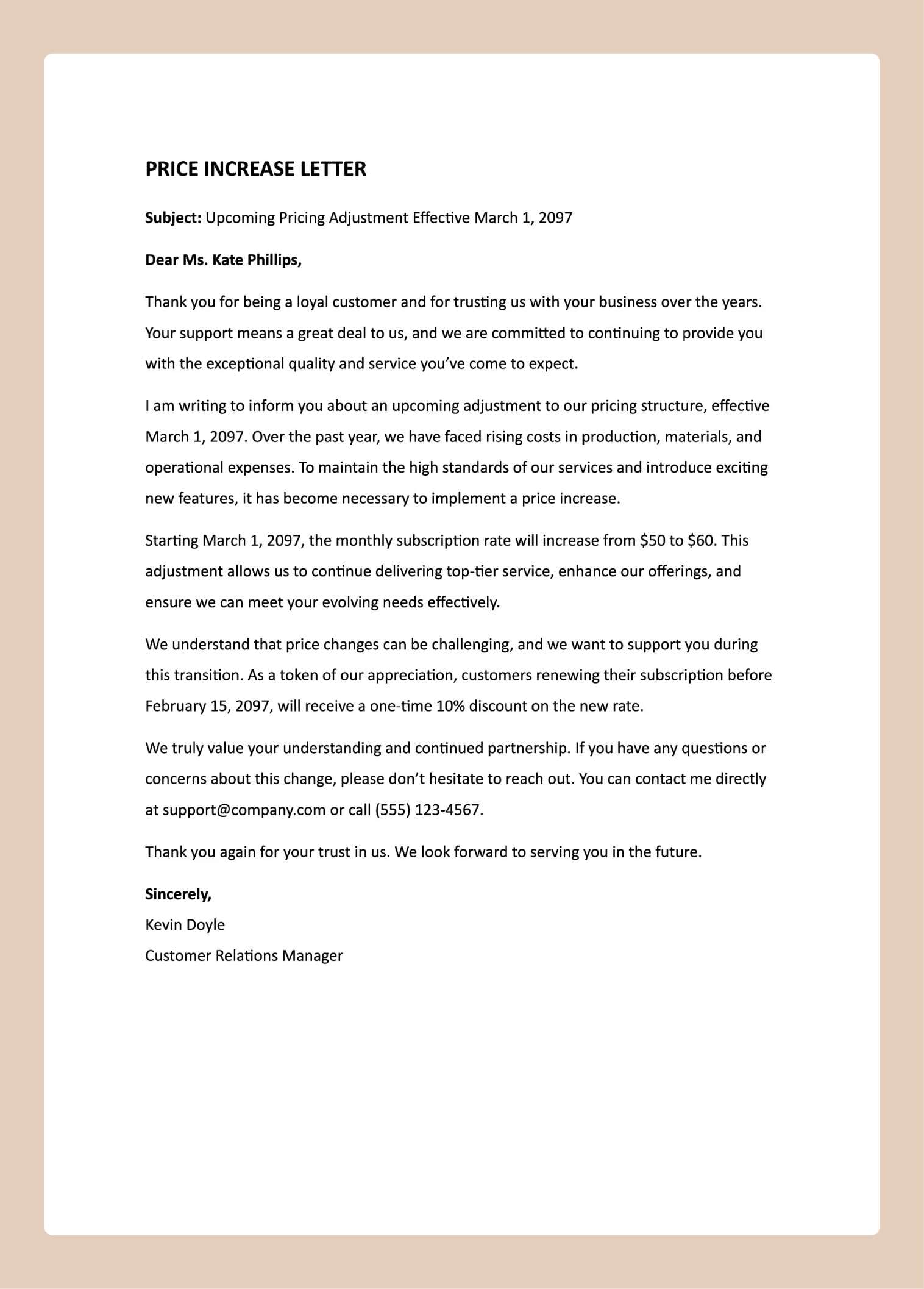 Sample Price Increase Letter