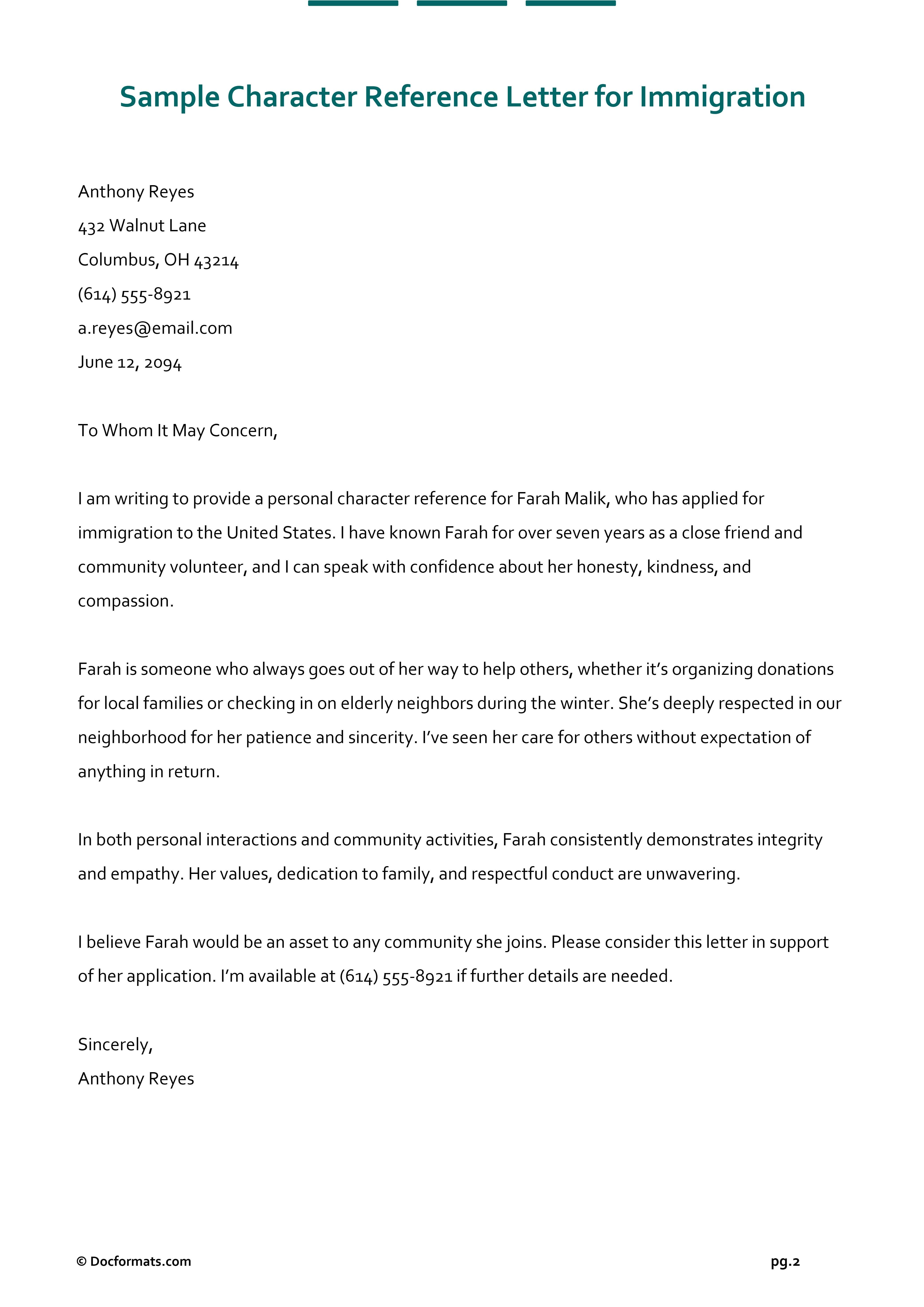 Character Reference Letter for Immigration - Google Docs, Word - Page 02