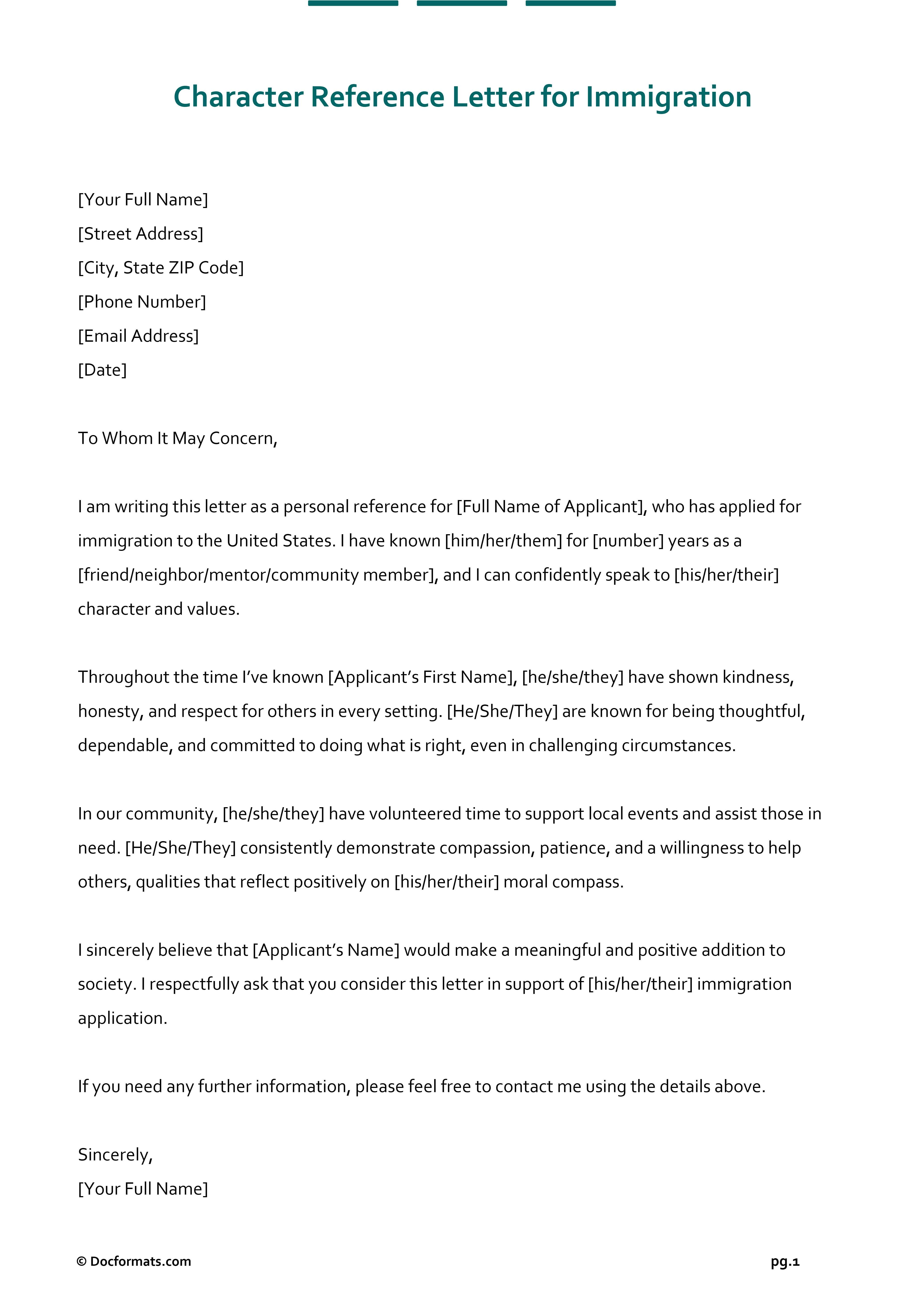 Character Reference Letter for Immigration - Google Docs, Word