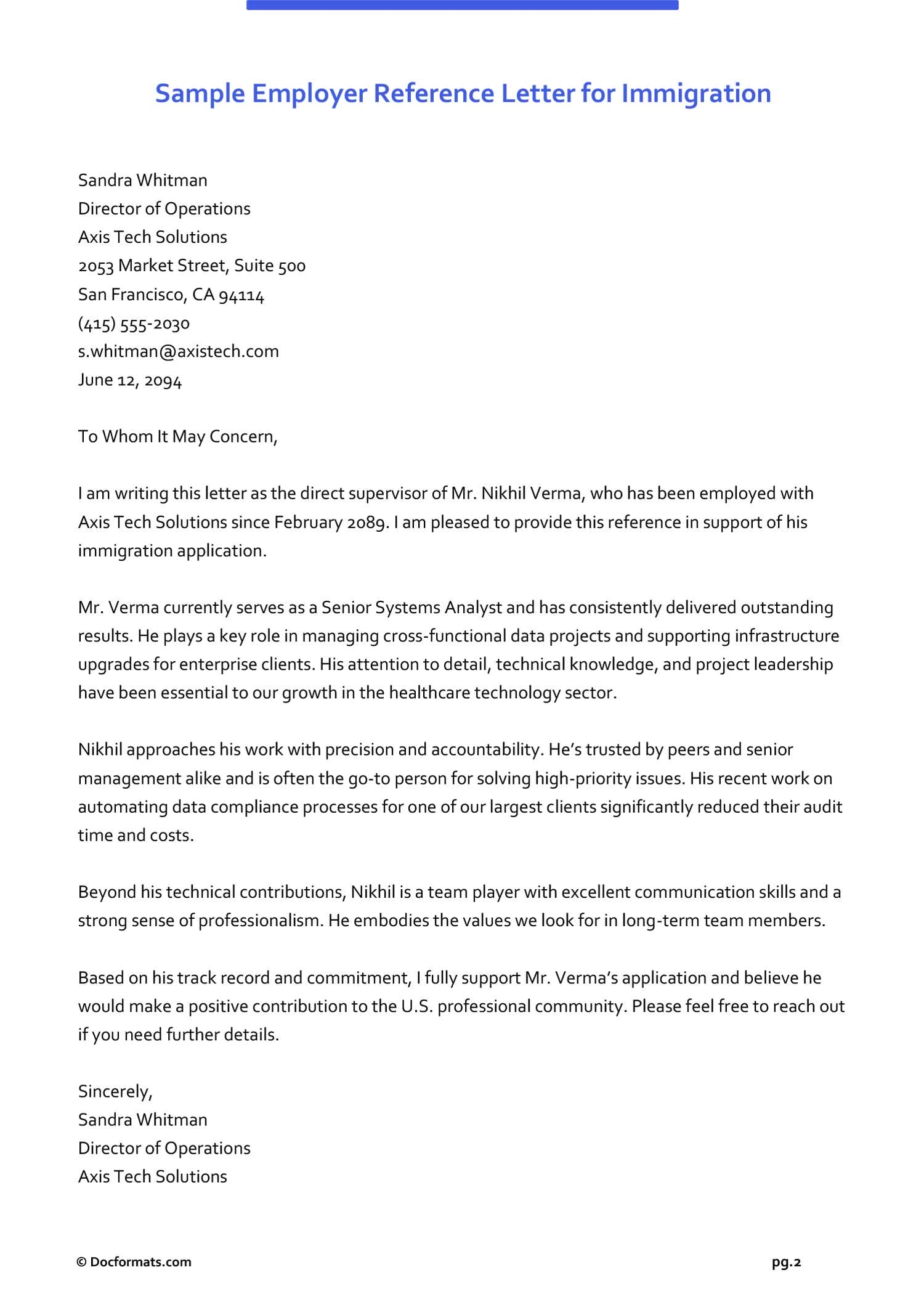 Employer Reference Letter for Immigration - Google Docs, Word - Page 02