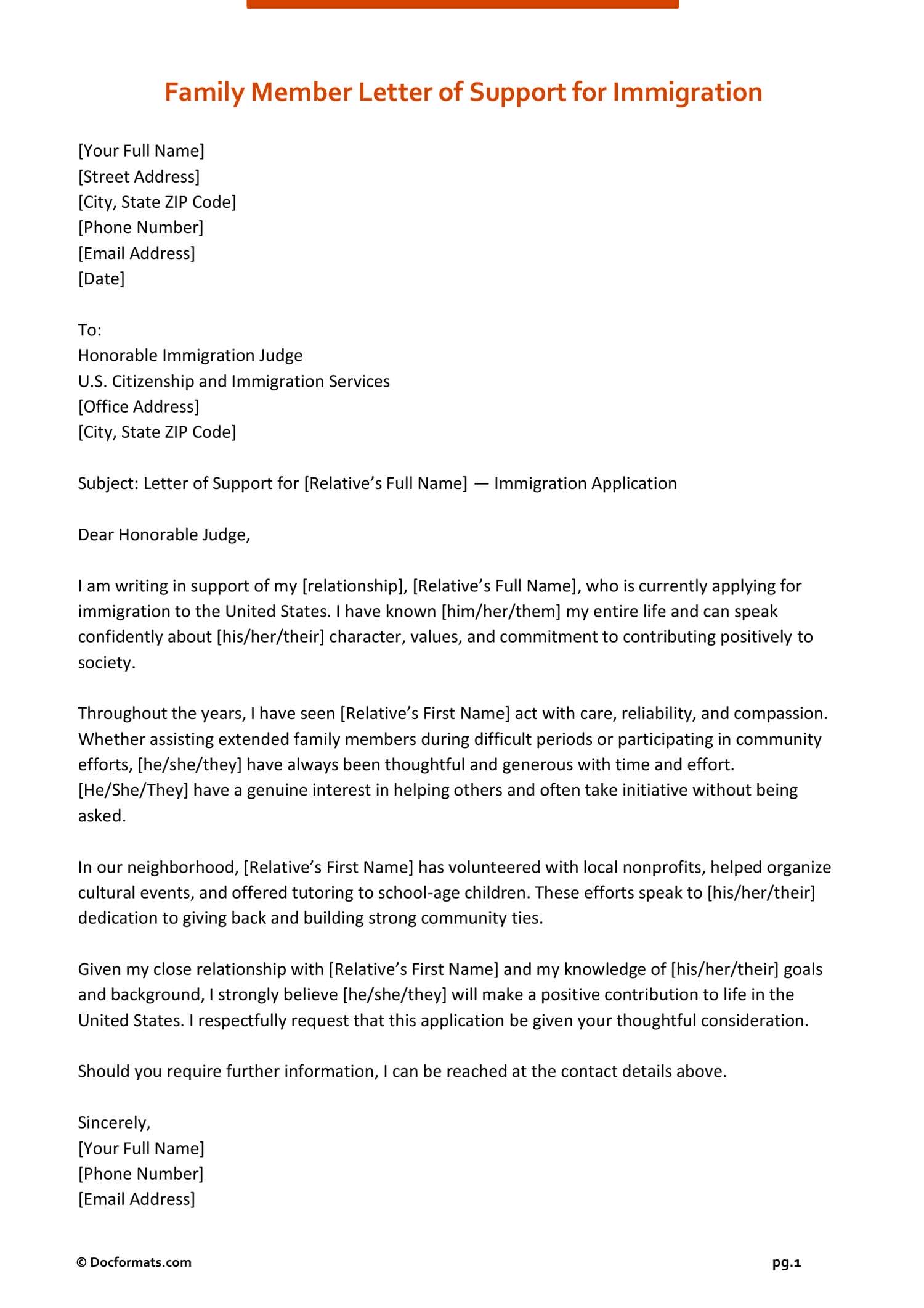 Immigration Reference Letter for a Family Member - Google Docs, Word