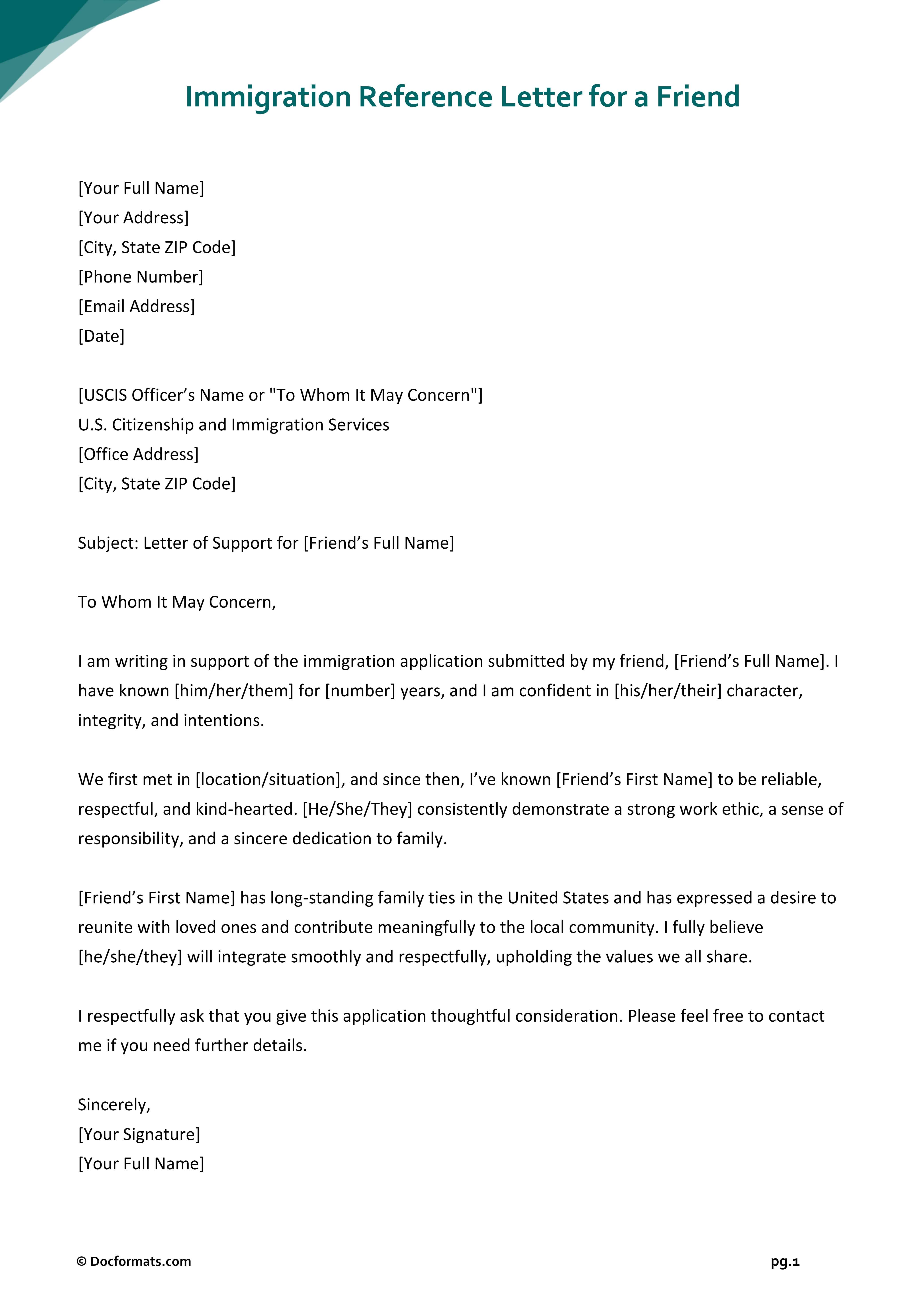Immigration Reference Letter for a Friend - Google Docs, Word