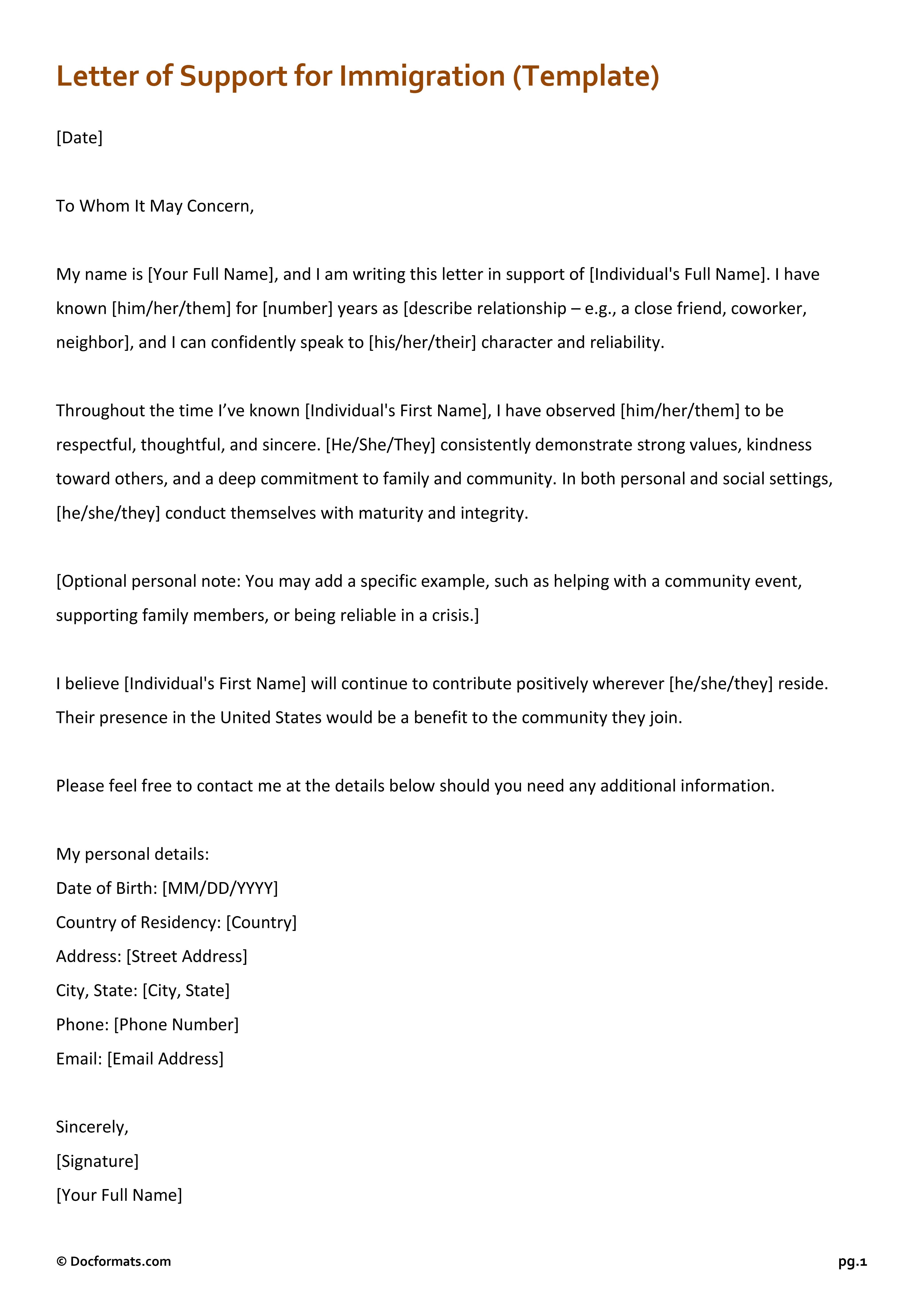 Letter of Support for Immigration - Google Docs, Word