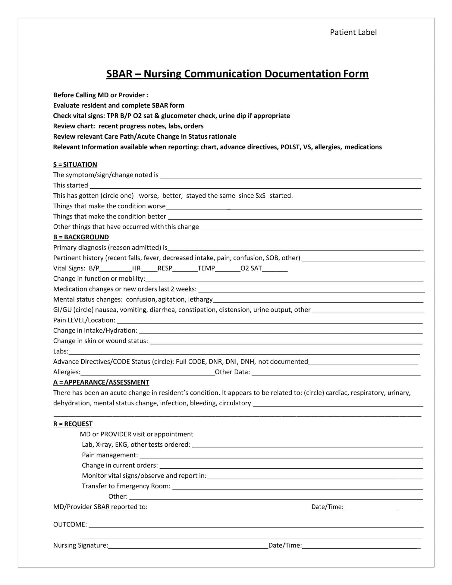 Nursing Communication Documentation Form - Word
