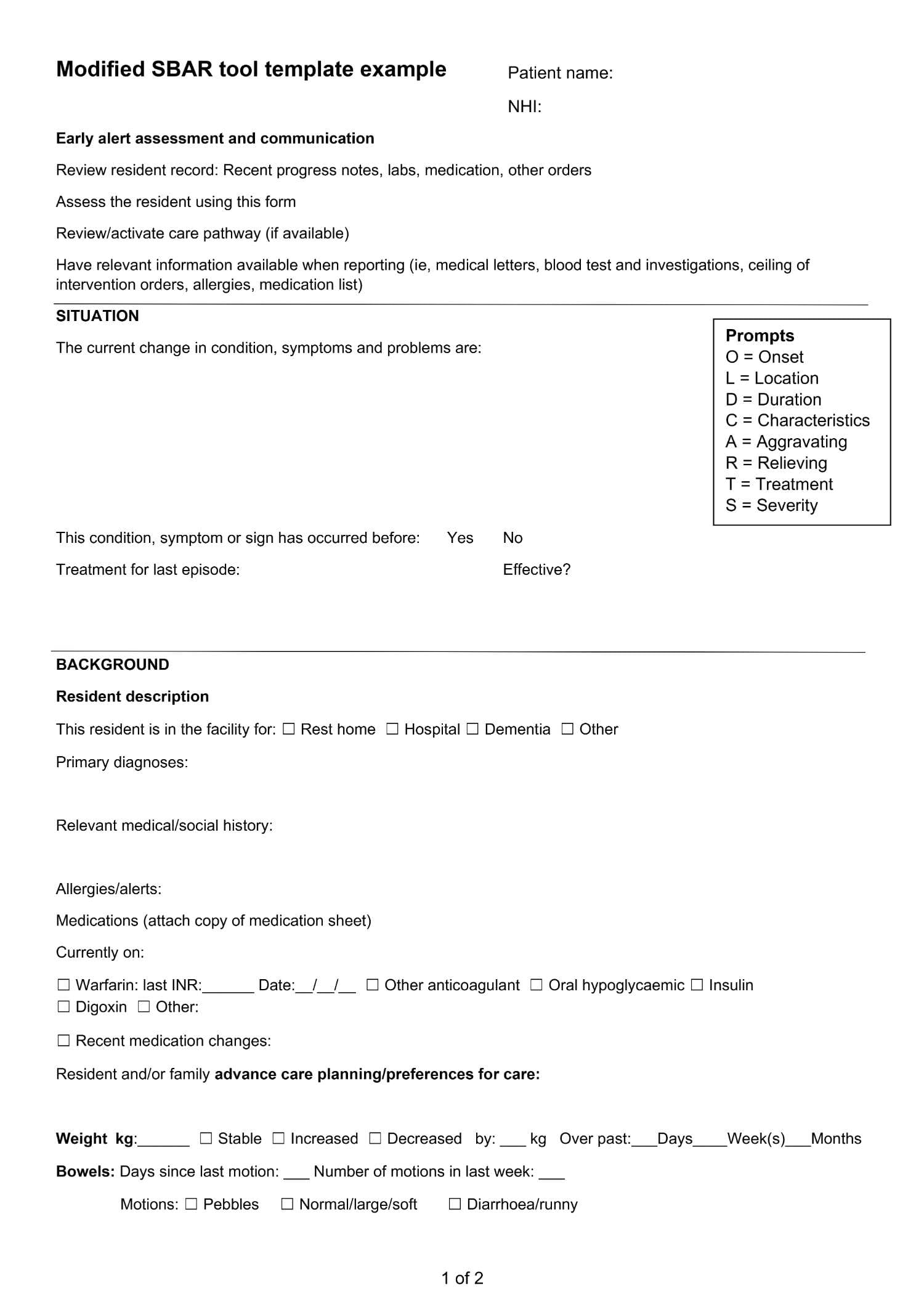 Sbar Template #09 - Word