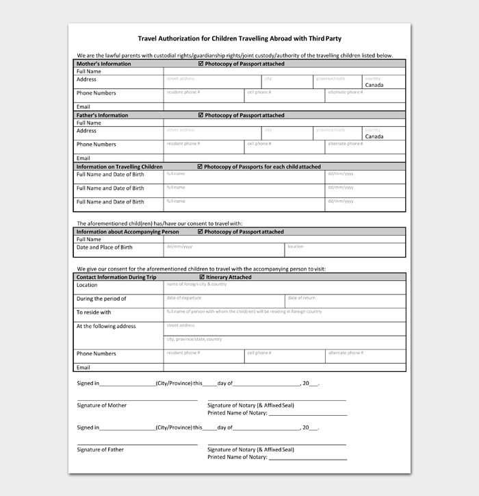 Child Travel Consent Forms #22 - Word