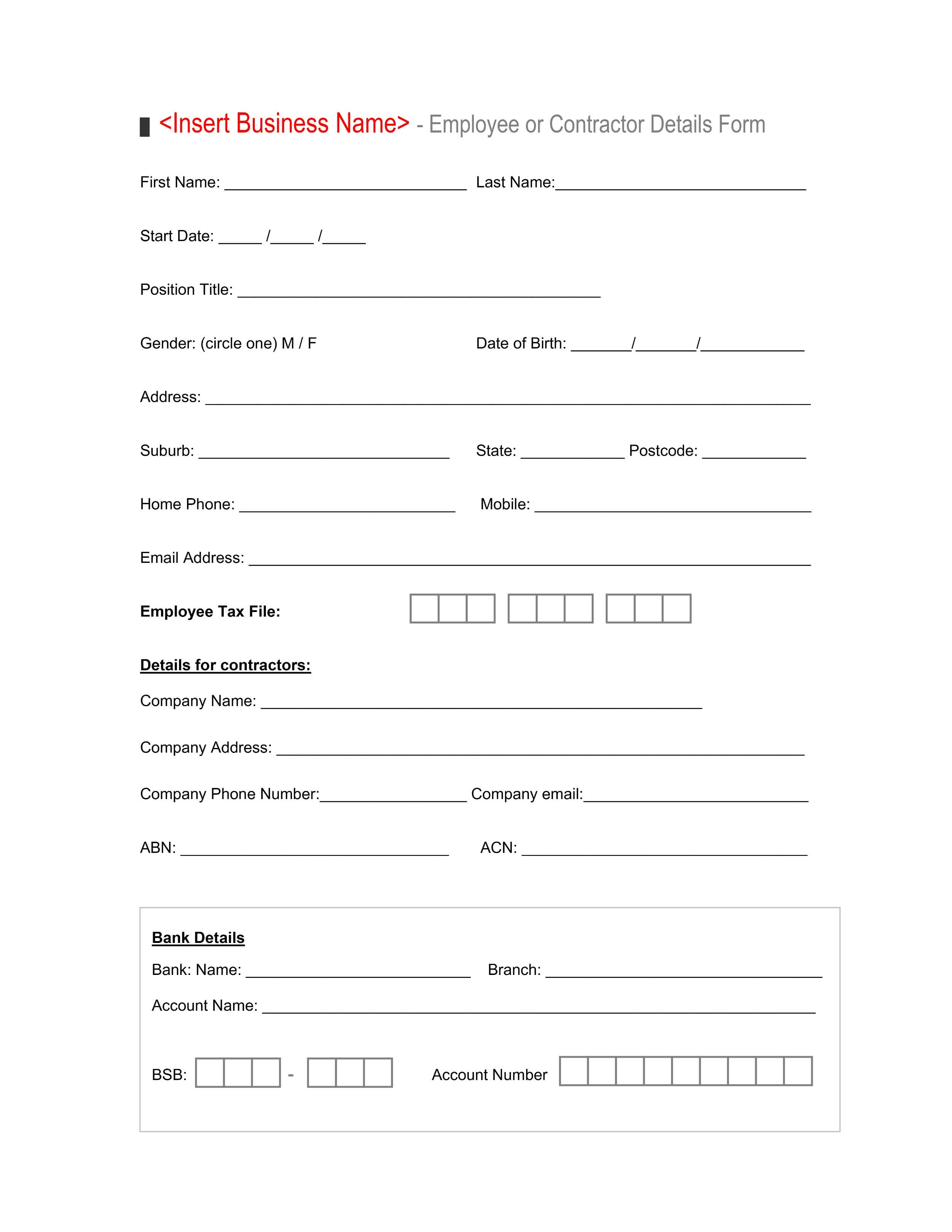 Employee or Contractor Details Form - Word